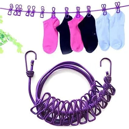 Multi Functional Portable Drying Rope with 12 Clips and 2 Hooks,